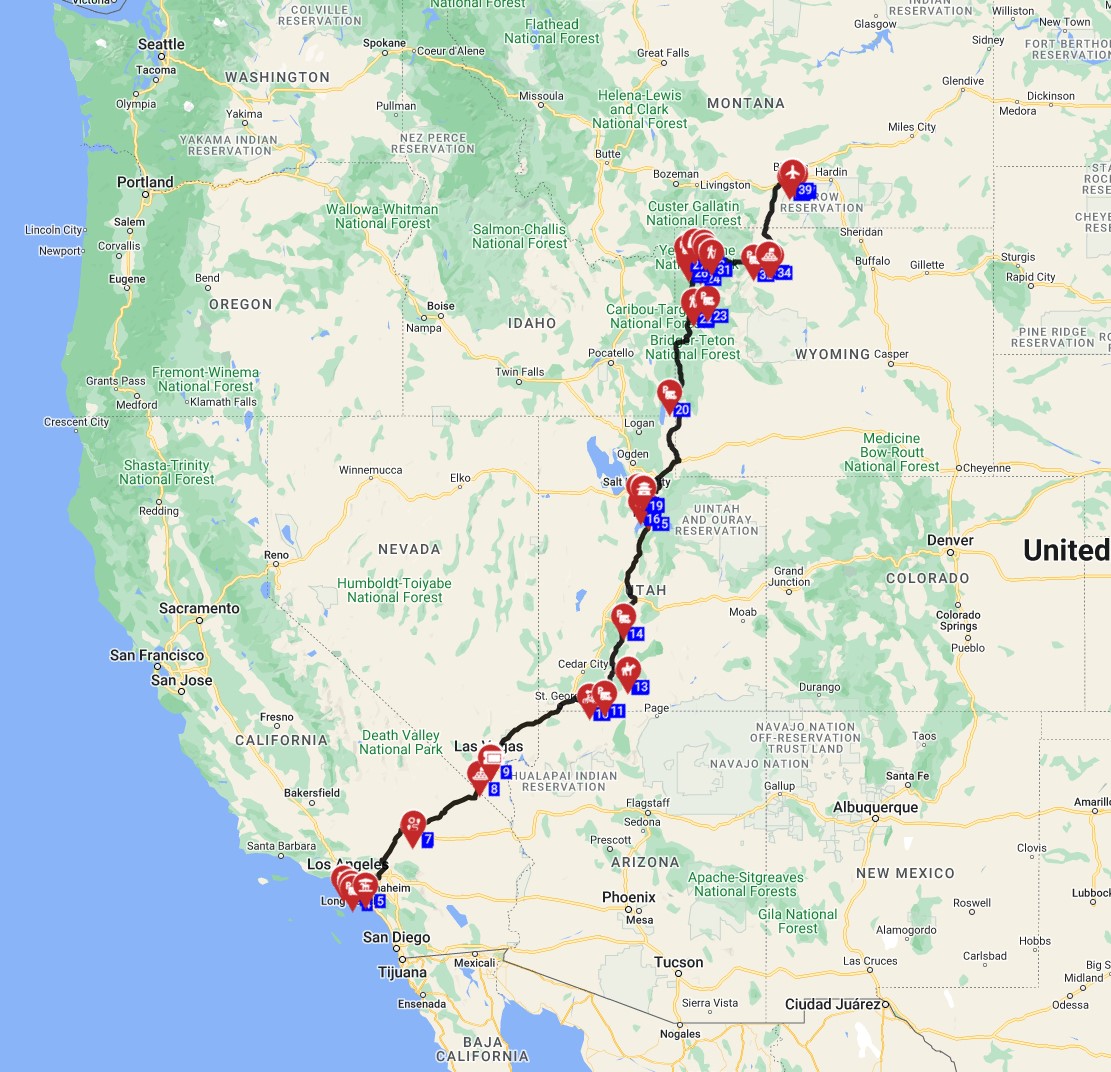 Map for Los Angeles to Billings - Incld Yellowstone